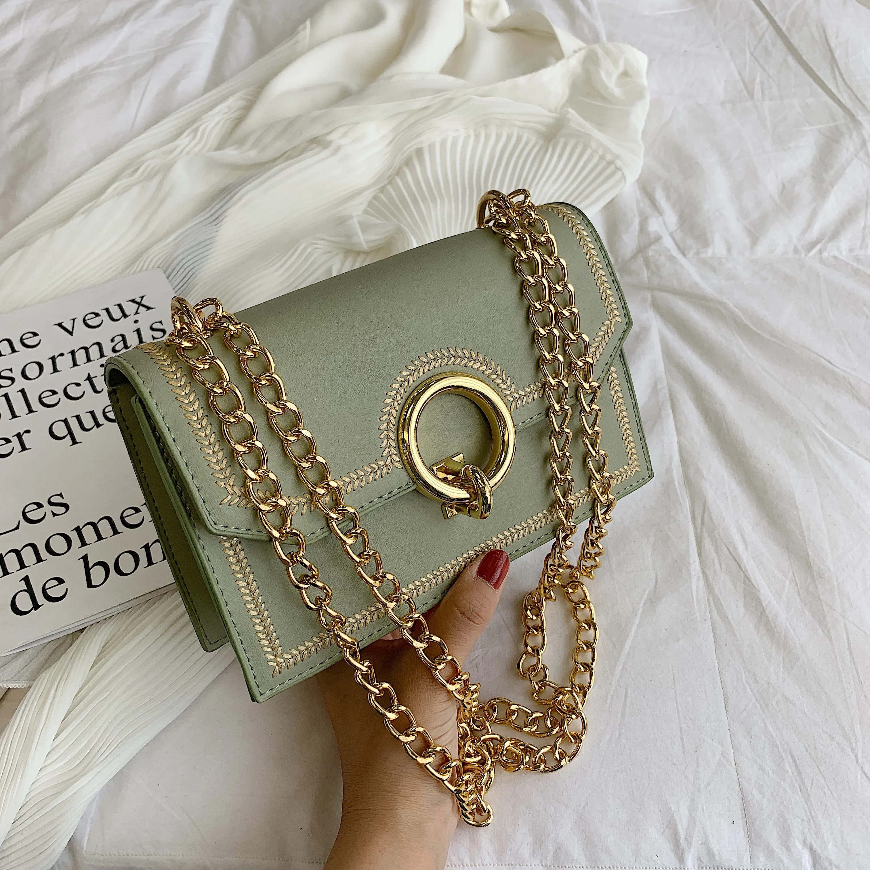 Matcha green PU Leather chain design Crossbody Bags Women Small Chain Handbag small bags Hand Bag Ladies Designer Evening Bags