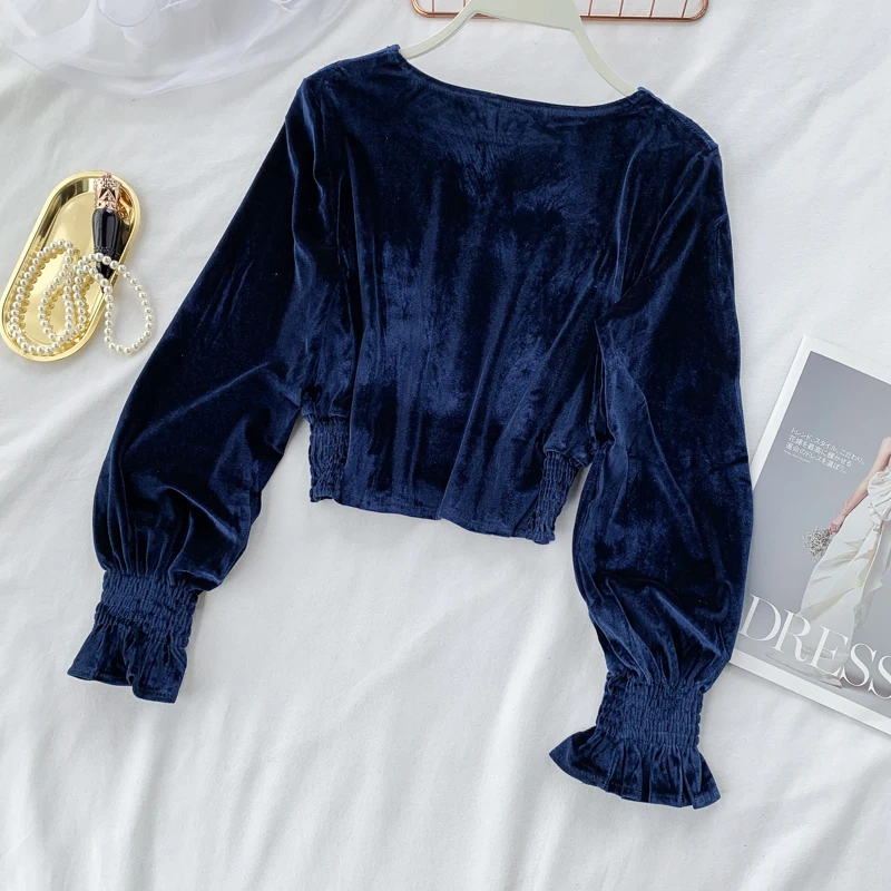 OCEANLOVE велюровый Однотонный женский с пышными рукавами блузки осень Винтаж рубашки на пуговицах с v-образным вырезом короткие с высокой талией Blusas Mujer 12586