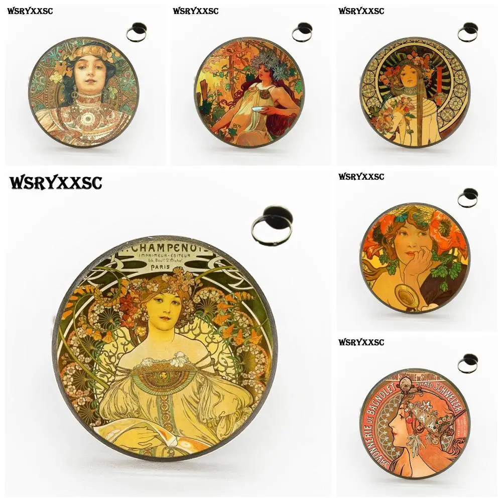 

EJ Glaze For Women Men Alphonse Mucha's Savonnerie Plated Jewelry With Glass Cabochon Bronze/Silver/Golden Rings