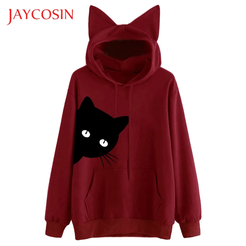 JAYCOSIN Женская толстовка с капюшоном длинным рукавом и принтом кошки пуловер