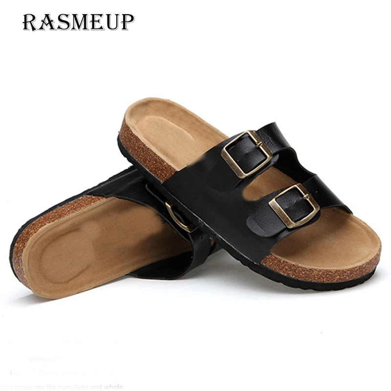 RASMEUP/кожаные женские шлепанцы; коллекция года; Летние Мягкие Вьетнамки с пробковой пряжкой; женские пляжные шлепанцы; повседневные белые женские Вьетнамки; обувь