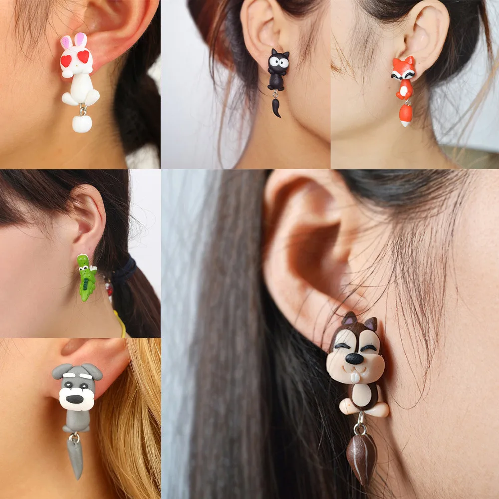

New Fashion Creative Women Jewelry Ladies Girls Handmade Cute Animal Dog Cat Fox Pottery Earrings Animal Earring Accessories