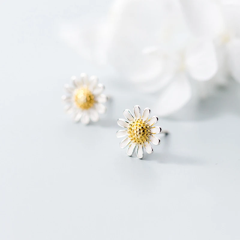 MoveAcc New Trendy 925 Sterling Silver Yellow Daisy Flower Stud Earrings for Women Fine Silver Jewelry Girls Birthday Gift