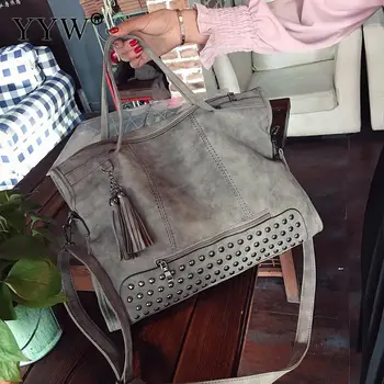 

Vintage Pu Leather Ladies Handbag Punk Rivet Larger Capacity Shopping Bags Tassels Shoulder Bag Streetwear Top-Handle Bag Women