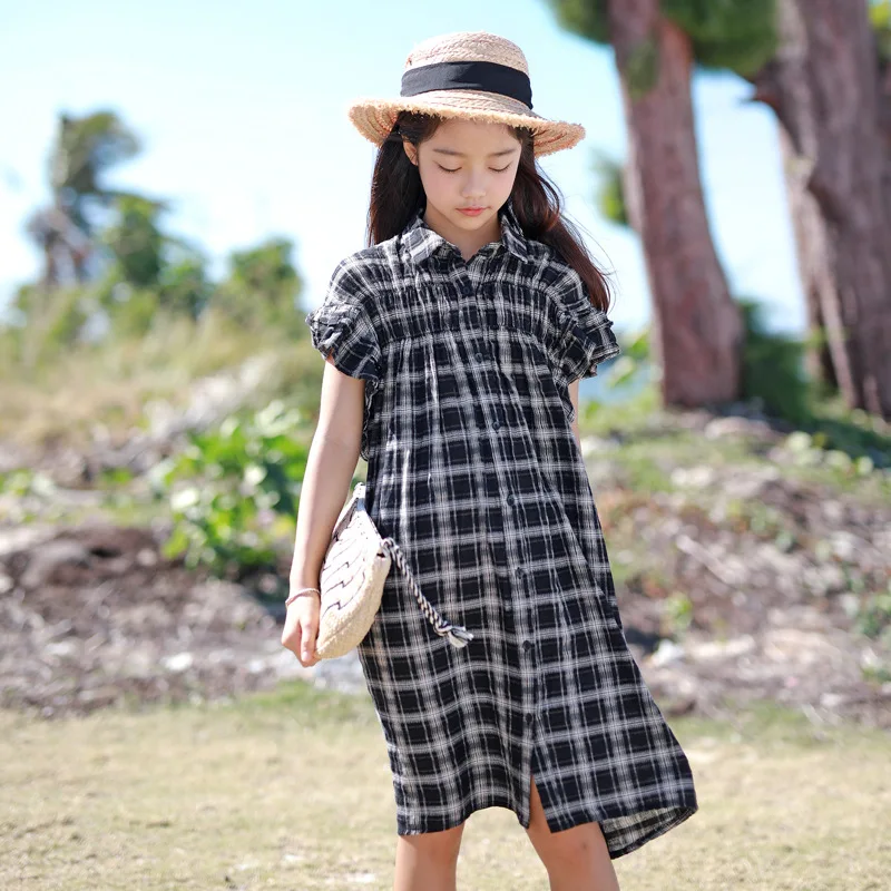 

2019 Summer Retro Girls Dresses Fashin cotton Turn-down Collar Black Plaid Ruched Kids Dresses Big Girls Party Princess Dress