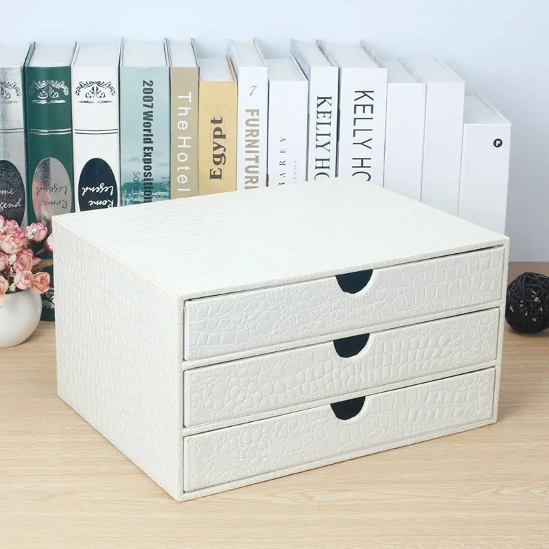 home office 3-drawer wood leather desk file cabinet storage drawer box organizer document holder rack tray crocodile white 217E