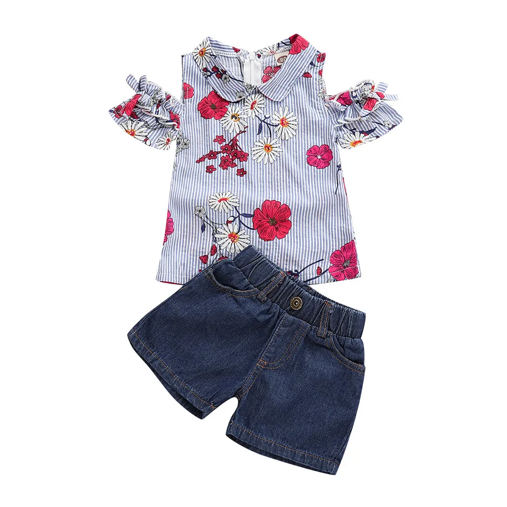 Г. Костюмы для маленьких девочек, одежда Топы в полоску на пуговицах с цветочным рисунком+ джинсовые шорты джинсовые комплекты одежды для малышей, костюм Одежда для детей