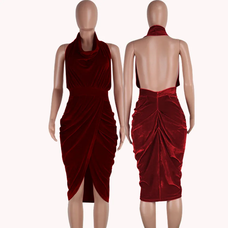 ShejoinSheenjoy Halter Sleeveless Autumn Dress Wrapped Split Backless Fold Sexy Women Dress Velvet Midi Party Dresses Clothing (4)