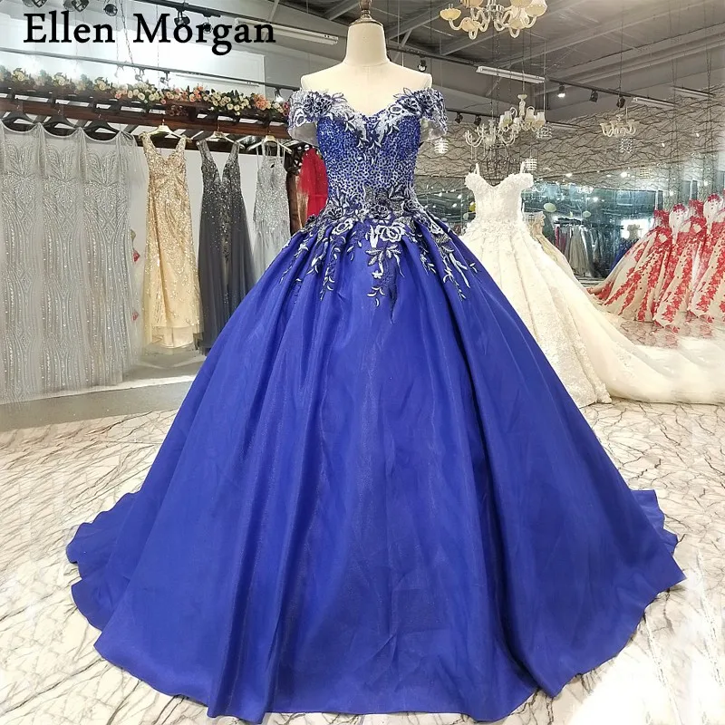 Королевское синее сатиновое бальное платье, свадебные платья,, Vestido De Noiva, вышитое бисером, на шнуровке, с открытыми плечами, элегантные свадебные платья