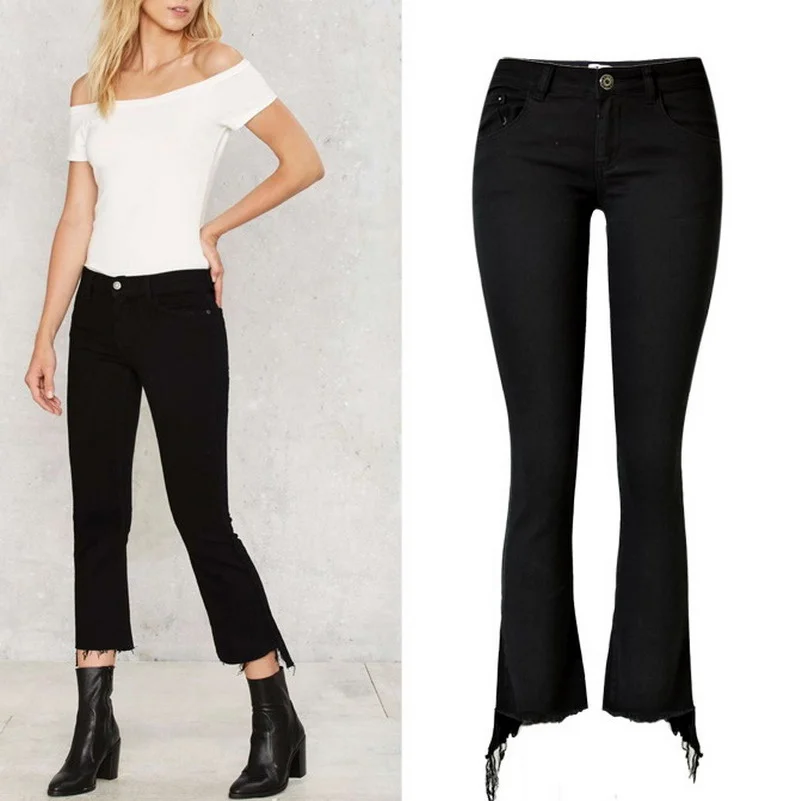 Uwback 2017 New Brand Skinny Jeans Woman Strench Bottom Ankle-Length Flare Pants Tassel Femme Plus Size 2XL CBB306 |