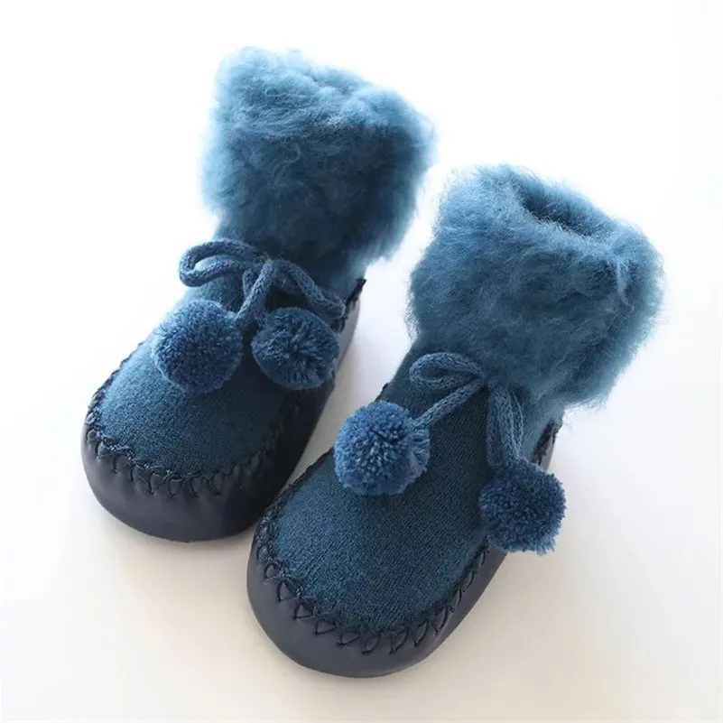 Детские носки для малышей, теплые ботиночки, носки с резиновой подошвой для малышей, носки для новорожденных мальчиков, детские зимние носки - Цвет: Темно-синий