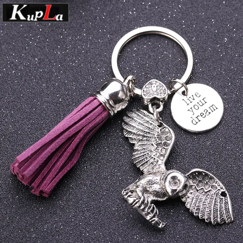 Vintage Metal Rhinestone Owl Keychains Fashion Purple Tassel Letter