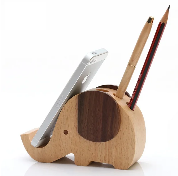 

New Wood multifunctional cute cartoon elephant pen holder cell phone holder desktop stationery storage rack decoration Ornament