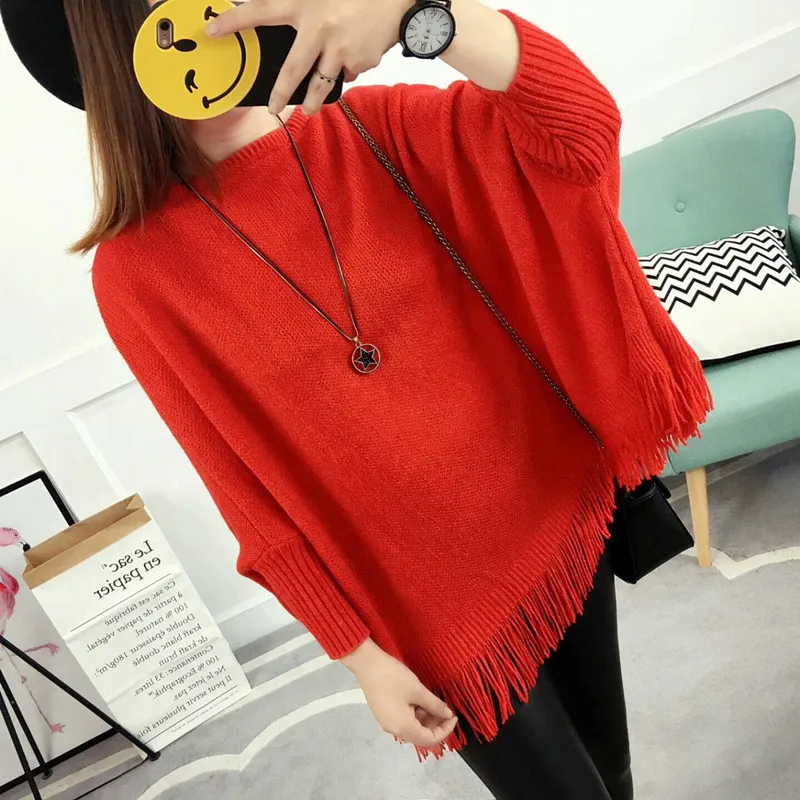 Online Neue Herbst Grau Pullover Und Pullover Lose Quaste Weiche Schal Poncho Frauen Slash Neck Bat Langarm Pullover Pullover Schal