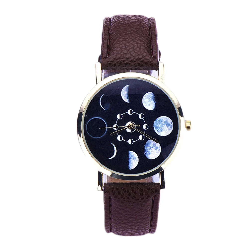 Великолепные солнечные Moon Phase Lunar Eclipse часы женские Стильные кварцевые часы из искусственной кожи браслет часы женские s часы