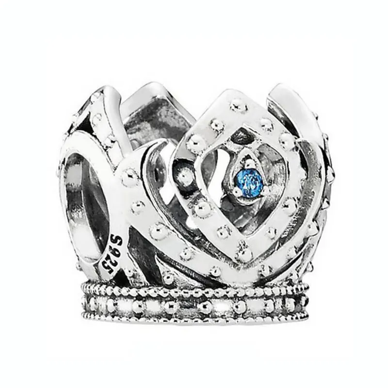 

New 925 Sterling Silver Bead Charm Openwork Queen Elsa's Crown With Blue Cubic zirconia Beads Fit Pandora Bracelet DIY Jewelry