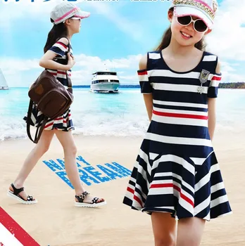 

Kids Girls' Summer Dresses 2017 New Cotton Striped Dress for Teenage Girl's Off Shoulder Dress Children Girls Clothes Red Blue