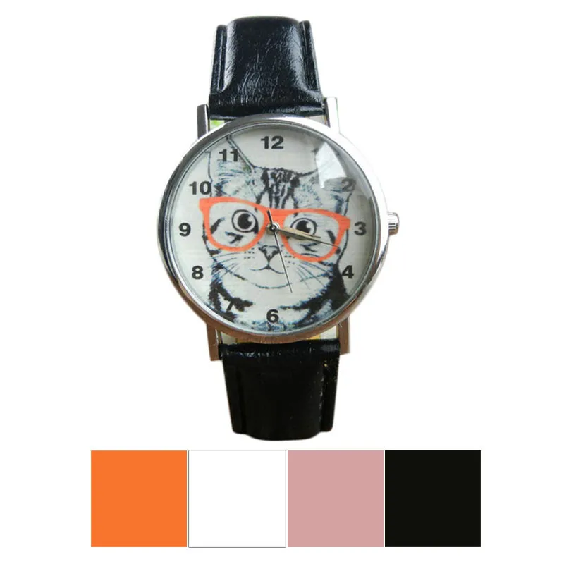

New Arrival 2016 Cat Pattern PU Leather Band Stainless Steel Analog Quartz Vogue Quartz-Watch Fine Jewelry