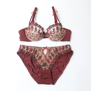 

Plus Size A B C D Cup Fashion Ultra-thin transparent embroidery sexy lace women's underwear panties bra set claretre rose EBS015