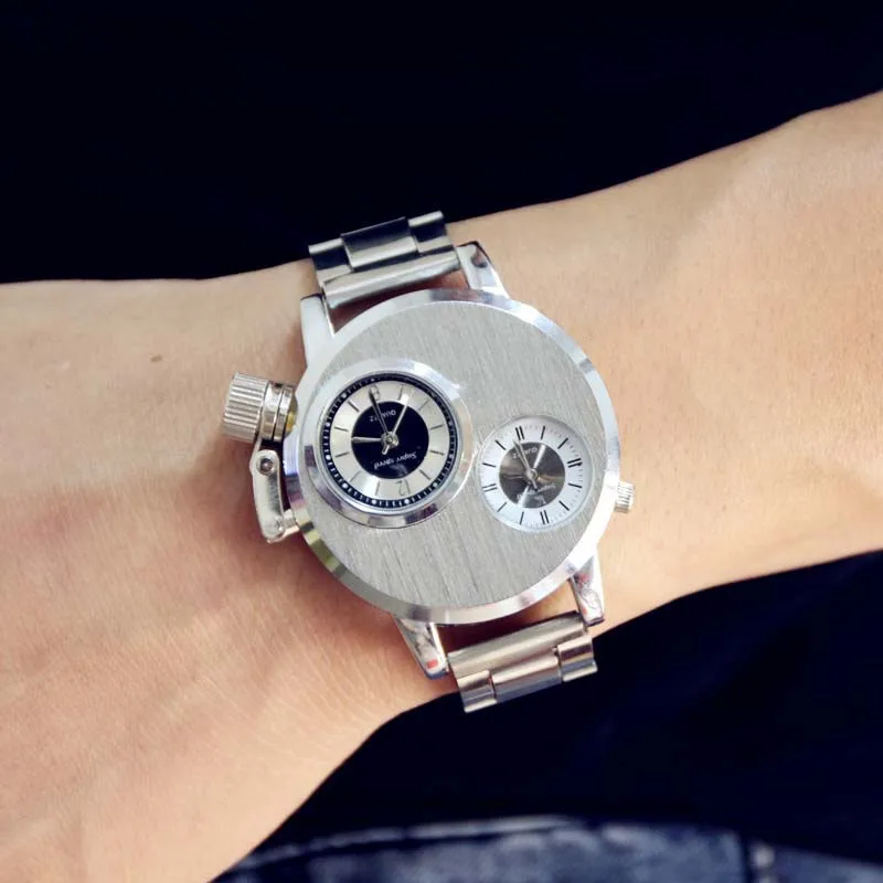 Fashion Silver Business Full Stainless Steel Dual Dials Sport Army Quartz Watch Wristwatch for Men Boy