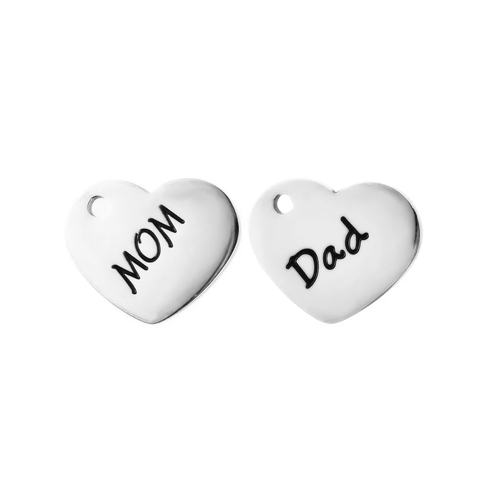 

14mm Stainless Steel Heart Shaped Charms Tag MOM DAD for DIY Necklace Bracelet Jewelry Making Metal Pendant Handmade Accessories