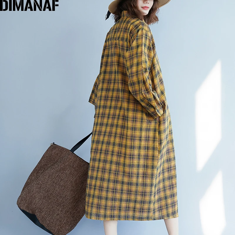  DIMANAF Women's Clothing Female Blouse Shirts Long Sleeve Linen Vintage Plus Size Ladies Tops Plaid