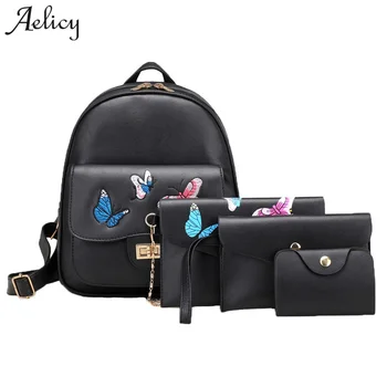 

Aelicy 2020 New 4 Pcs/Set Brand Embroidery Butterfly Backpack High Quality PU Leather School Bags For Teenagers Girls 1017