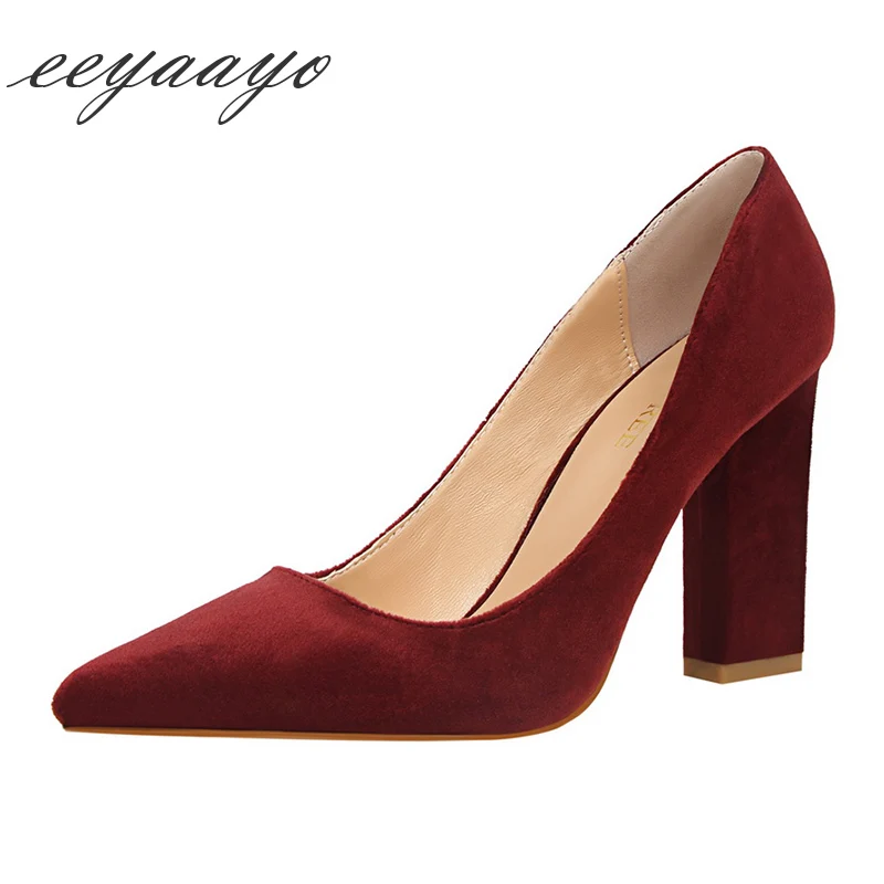 

2019 New Spring Women Pumps High Square Heel Pointed Toe Shallow Sexy Office Lady Evening Party Women Shoes Wine red High Heels