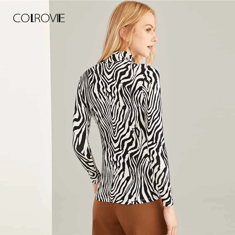 COLROVIE الأسود والأبيض عالية الرقبة زيبرا طباعة طويلة الأكمام مثير تي شيرت المرأة 2018 الخريف Highstreet ضئيلة قمم المحملة ملابس حريمي