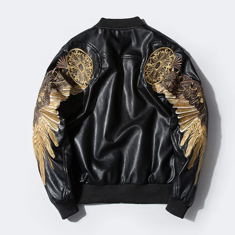 Осенне-зимняя Классическая брендовая мужская кожаная куртка-бомбер, красная, черная, искусственная кожа, верхняя одежда, золотые крылья, вышивка, панк, мотоциклетная тонкая куртка