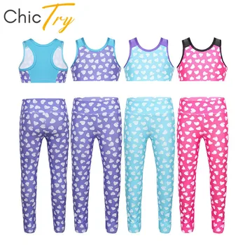 

ChicTry Kids Girls Printed Color Block Sleeveless Racerback Ballet Gymnastics Crop Tops Pants Set Children Gym Sports Dance Wear