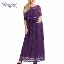 Nemidor High Quality Women Elegant O-neck Belted Party Lace Dress Plus Size 7XL 8XL 9XL Half Sleeve Vintage Long Maxi Dress