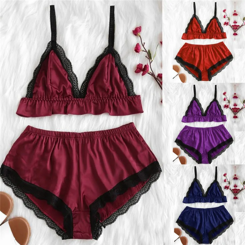 2PC Women Satin Sexy Lingerie Girl Lace Splice Bodysuit Sleepwear Bodydoll Pour Femmes Sujetadores Para Mujeres D4
