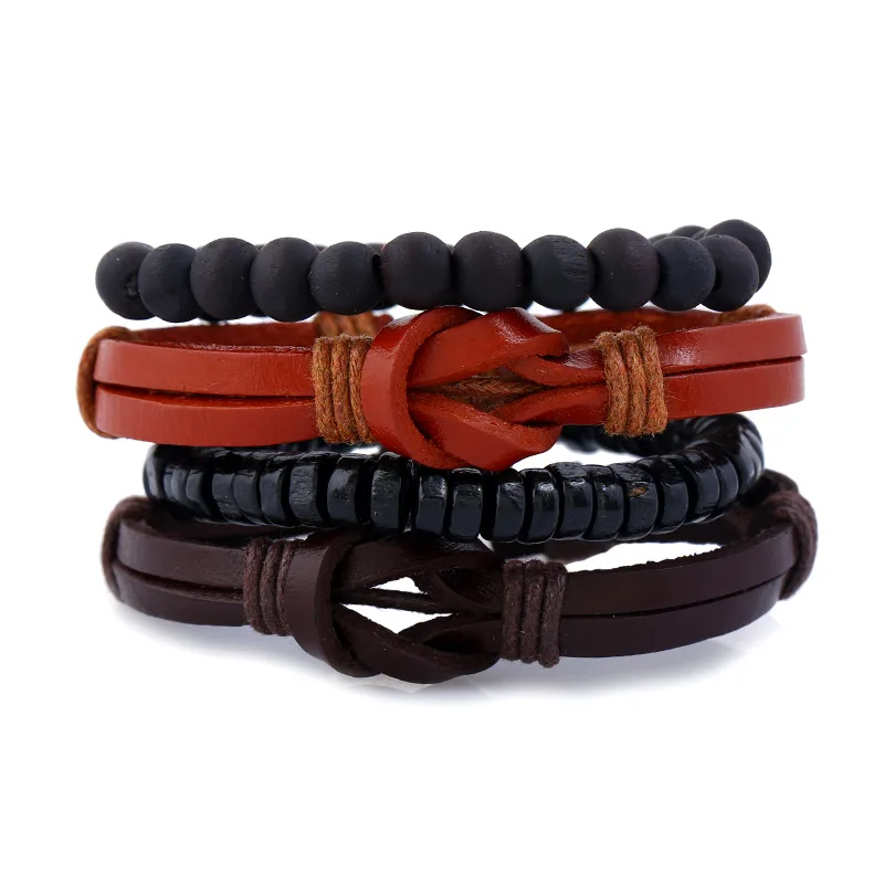 4pcs/set New Vintage Rope Handmade Bead Woven Leather Men Bracelets Women Bangles Female Rock Men Jewelry Accessories