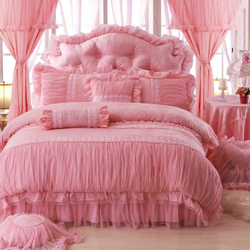 

Pink Lace Flower duvet cover bed skirt pillowcase queen king size 4/6pcs Princess Bedspread Jacquard Satin Bedding Set Luxury