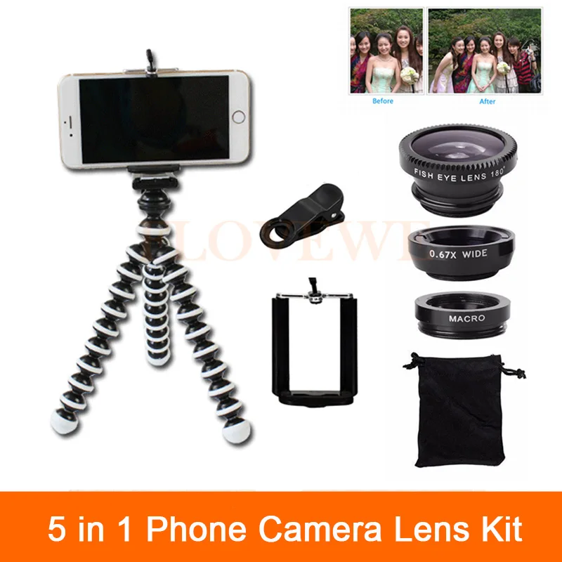 

5in1 Mobile Phone Lens Kit Wide Angle Macro Fish Eye Lenses For Xiaomi redmi 3 S 4 note 3 MI5 MI6 Smartphone Clips Mini Tripod