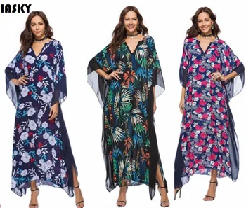 

IASKY Plus Size Cover up Beach Long Dress Print Floral Swimwear Bikini cover ups Women 2018 Tunic Pareos Swimsuit Cover-Ups