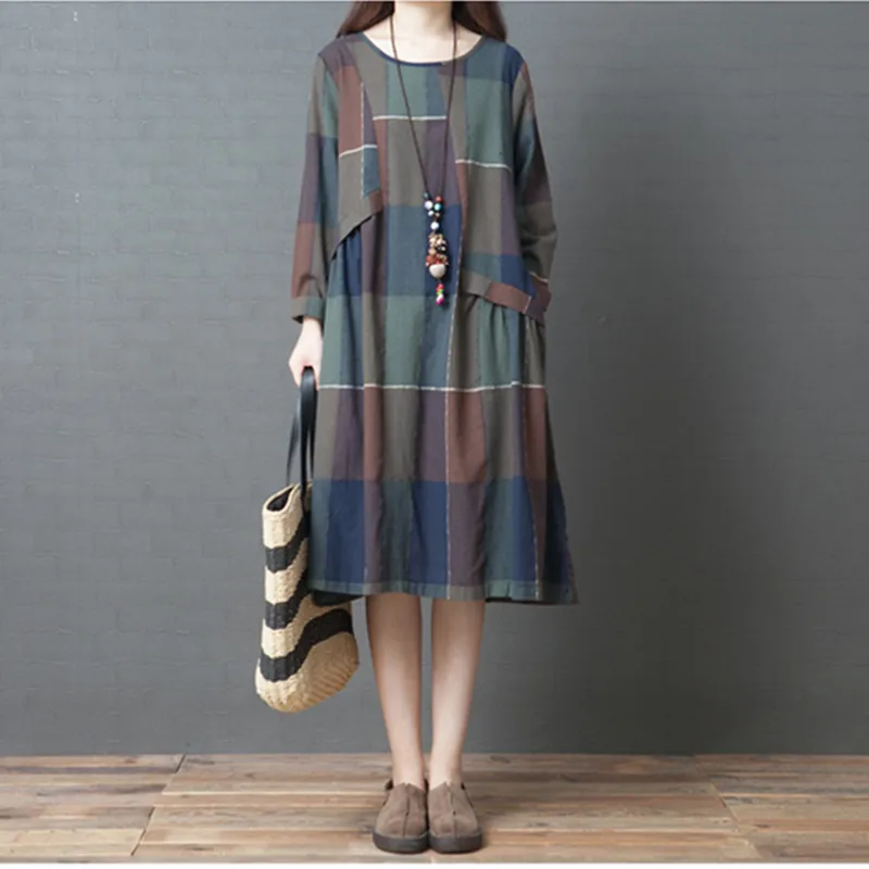 

Johnature 2019 New Cotton Linen Plaid Plus Size Women Pregnant Dresses Spring Autumn Loose Simple Comfortable Women Dresses
