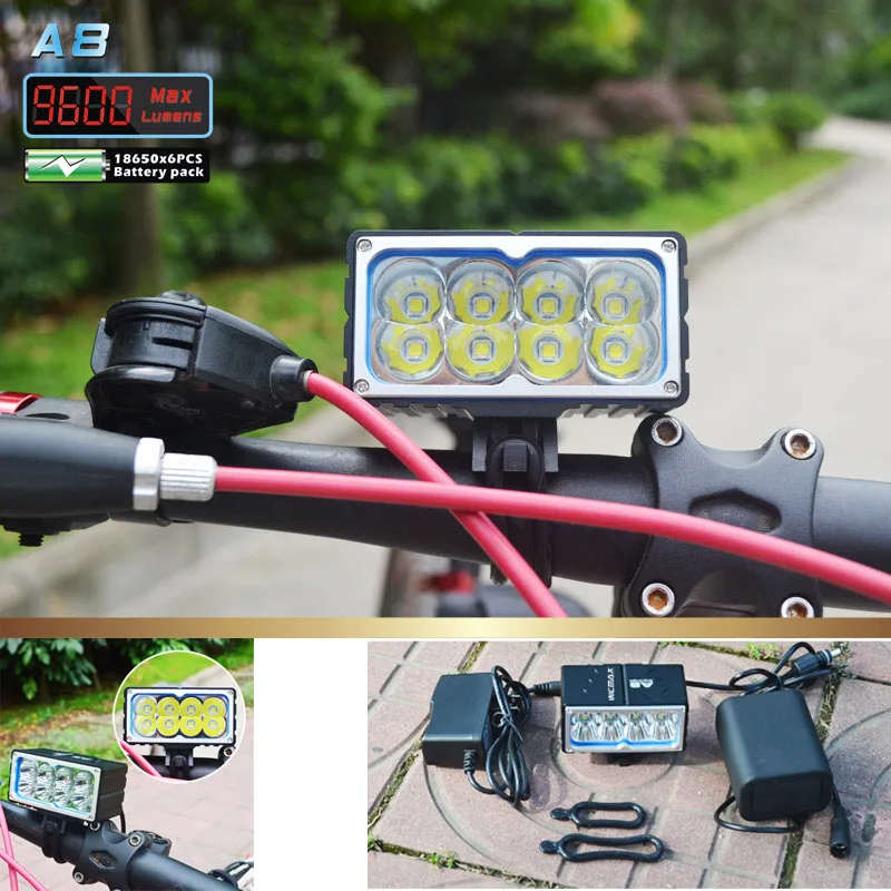 8 X XM-L2 светодиодный велосипедный светильник A8 9600LM светодиодный 3 режима налобный фонарь с 10000 мАч водонепроницаемый аккумулятор и зарядное устройство - Цвет: Black