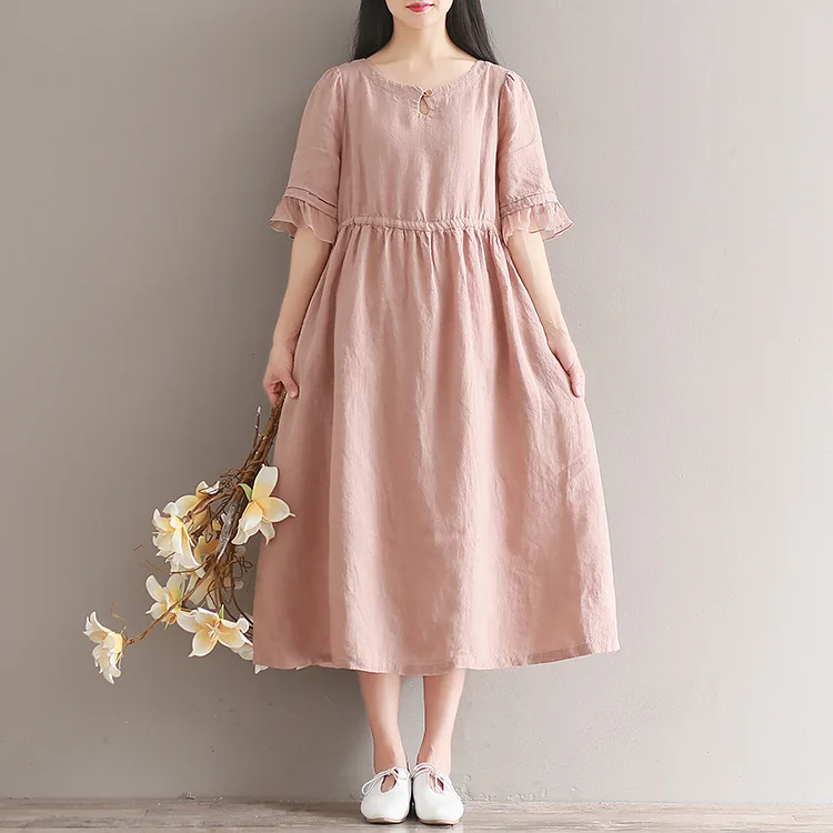 

La MaxPa Summer Dress 2019 Casual Linen A-Line Solid Women Dress Half Sleeve Mid-Calf Long Dress Women Elastic Waist Pink Dress