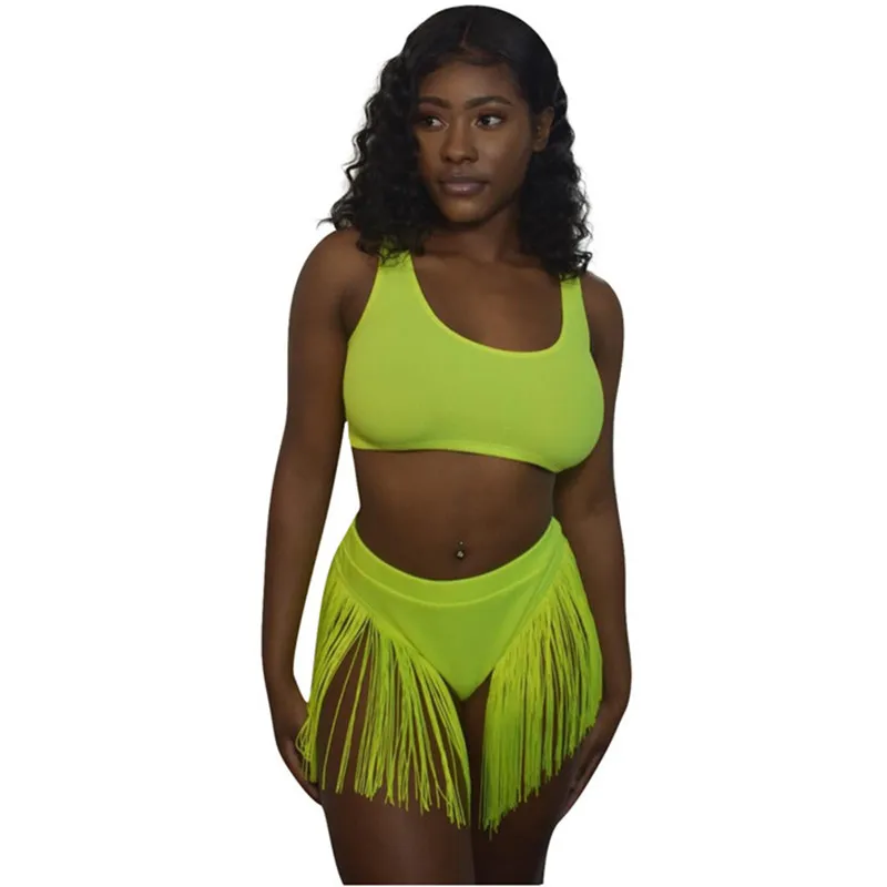 

Neon Green Sexy Two Piece Set Women Top and Shorts Swimwear Tassel 2 Piece Summer Beach Short Set Women Matching Set Outfit 2019