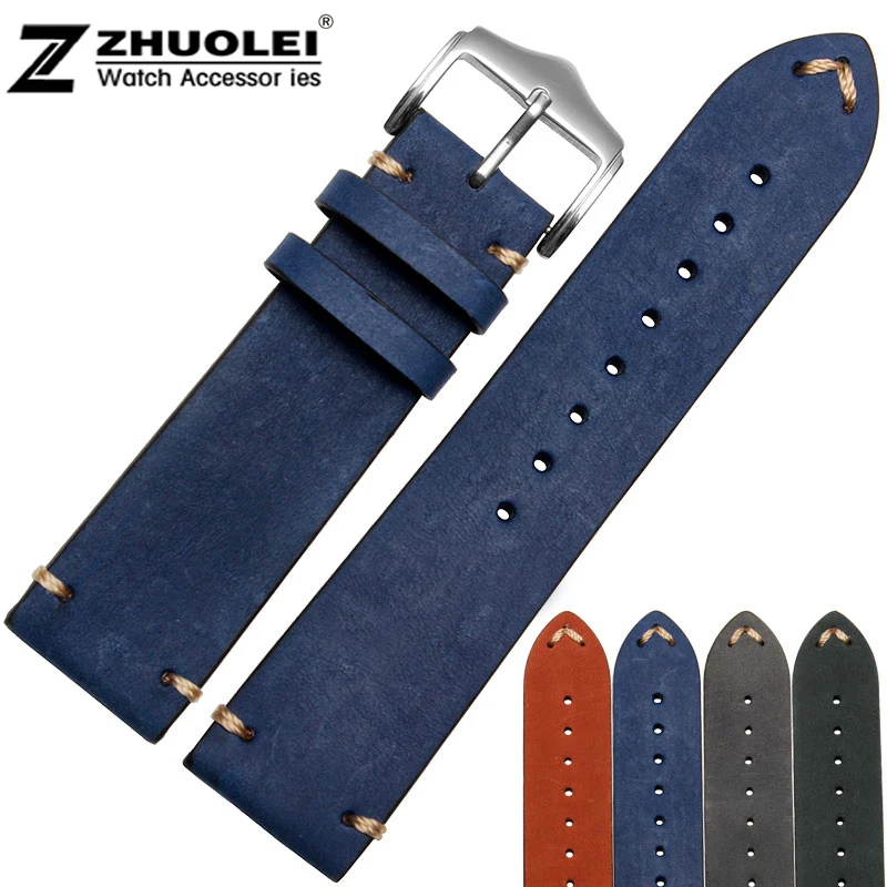 

New arrivals 18mm 20mm 22mm genuine leather bracelet watchband with stainless steel buckle handmade watch strap accessories
