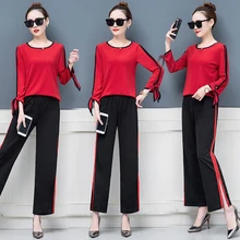 2019 new Spring autumn knit sweatshirt+Split wide leg pants suit female Korean foreign flavor loose stripe 2 two-piece set women 2019 new Spring autumn knit sweatshirt+Split wide leg pants suit female Korean foreign flavor loose stripe 2 two-piece set women
