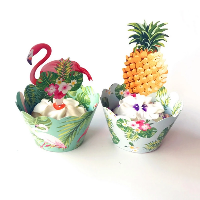 

24pcs Flamingo pineapple cupcake wrapper toppers summer Hawaiian Party decor pineapple cupcakes birthday party supplies