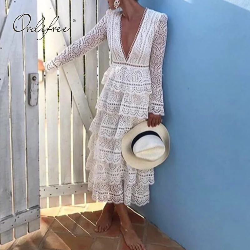 

Ordifree 2019 Luxury Autumn Summer Women White Lace Long Dress Long Sleeve Elegant Ladies Embroidery Maxi Party Dress