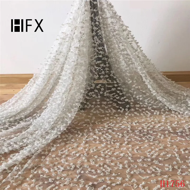 HFX African Fabric Lace White Embroidered Handmade Beaded French Lace Fabric 2019 High Quality