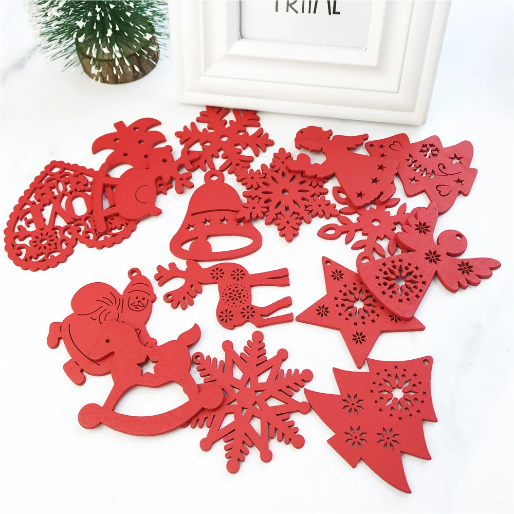 

NEW 10PCS DIY White&Red Snowflakes Bell Christmas Wooden Pendants Xmas Tree Ornaments Christmas Party Home Decoration Kids Gift