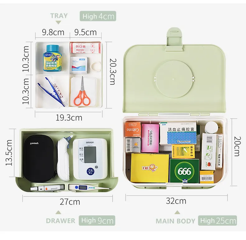 Бытовая большая емкость, медицинский ящик, зеленый пластиковый ящик, портативный многослойный ящик первой помощи, Домашний медицинский инструмент, Органайзер