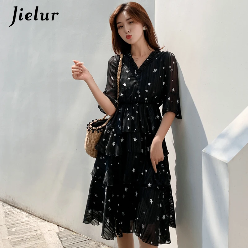 

Jielur Star Printed Summer Dress Women 2019 V-neck Flare Sleeve Elastic Chic Cake Dress Female Causal Charming Korean Sukienki