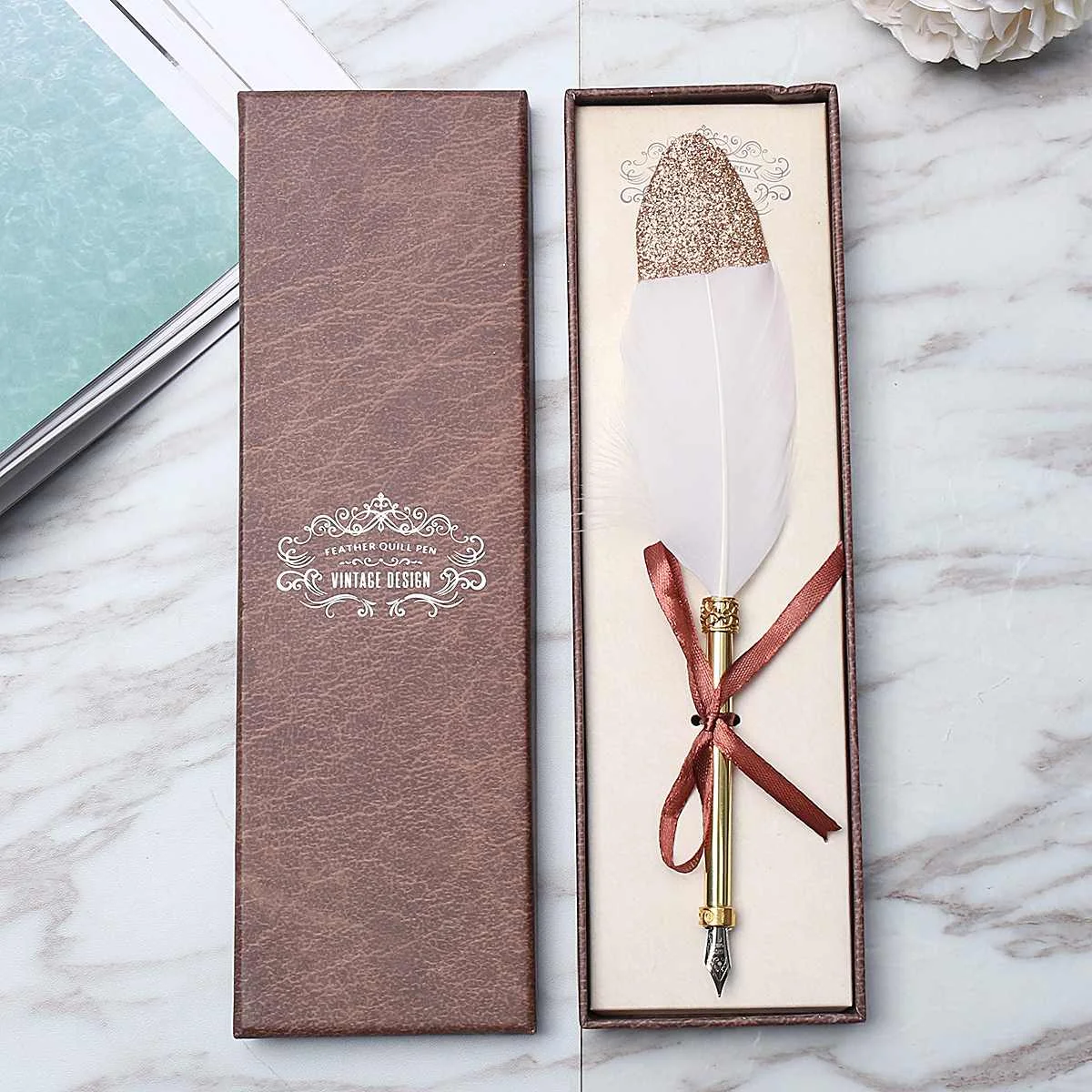 

2 Colors Wedding Decor Party Vintage Quill White Feather Dip Pen Fountain Pens Calligraphy Writing Supplies With Gift Box